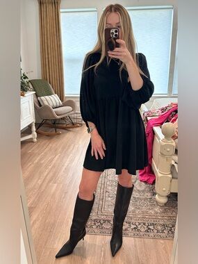 Melrose and Market Black Balloon-Sleeve Babydoll Mini Dress